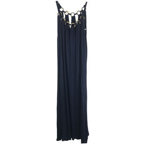 T Tahari Women's Maxi Dress Blue Gold Stretch Sleeveless Scoop Neck Sz XS